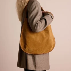 Manfield Cognac suède handtas met gevlochten details^ Handtassen