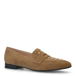 Manfield Cognac suède loafers met gouden studs^DAMES Loafers
