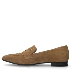 Manfield Cognac suède loafers met gouden studs^DAMES Loafers