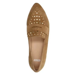 Manfield Cognac suède loafers met gouden studs^DAMES Loafers