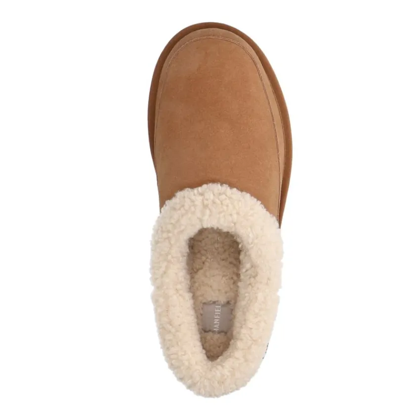 Manfield Cognac suède pantoffels met imitatie wol^Heren Pantoffels