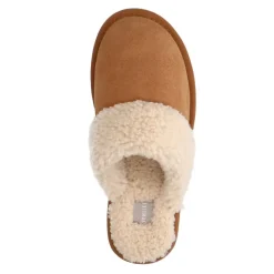 Manfield Cognac suède pantoffels met imitatiewol^DAMES Pantoffels