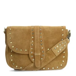 Manfield Cognac suède schoudertas met gouden studs^ Schoudertassen