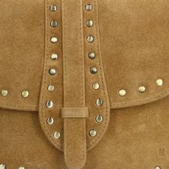 Manfield Cognac suède schoudertas met gouden studs^ Schoudertassen