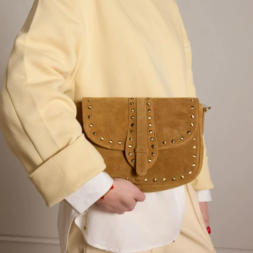 Manfield Cognac suède schoudertas met gouden studs^ Schoudertassen