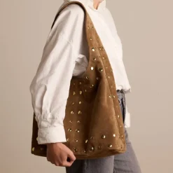 Manfield Cognac suède schoudertas met gouden studs^ Schoudertassen