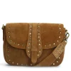 Manfield Cognac suède schoudertas met gouden studs^ Schoudertassen