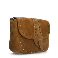 Manfield Cognac suède schoudertas met gouden studs^ Schoudertassen