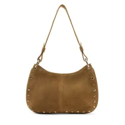 Manfield Cognac suède schoudertasje met gouden studs^ Schoudertassen