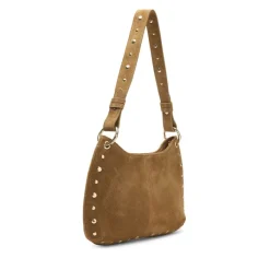 Manfield Cognac suède schoudertasje met gouden studs^ Schoudertassen