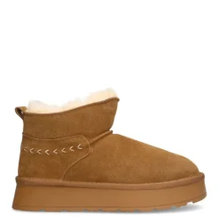 Manfield Cognac suède snowboots^DAMES Enkellaarsjes