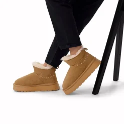 Manfield Cognac suède snowboots^DAMES Enkellaarsjes