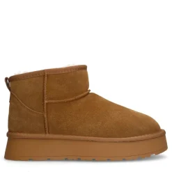 Manfield Cognac suède snowboots^DAMES Enkellaarsjes