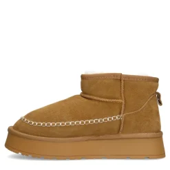 Manfield Cognac suède snowboots^DAMES Enkellaarsjes