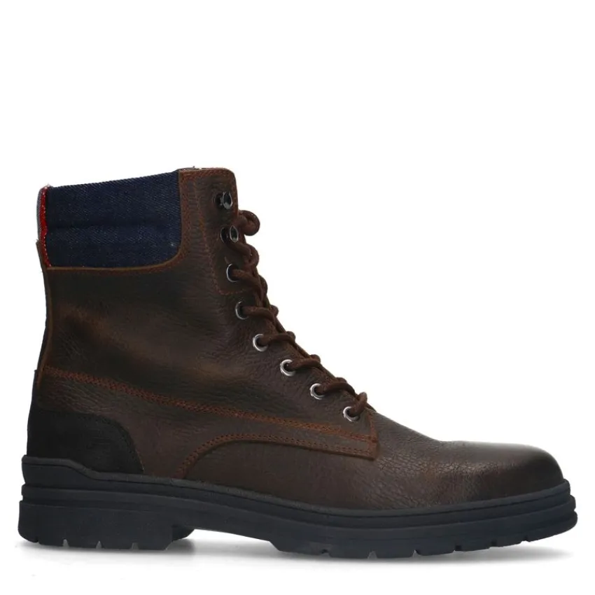 Manfield Donkerbruine leren veterboots^Heren Boots