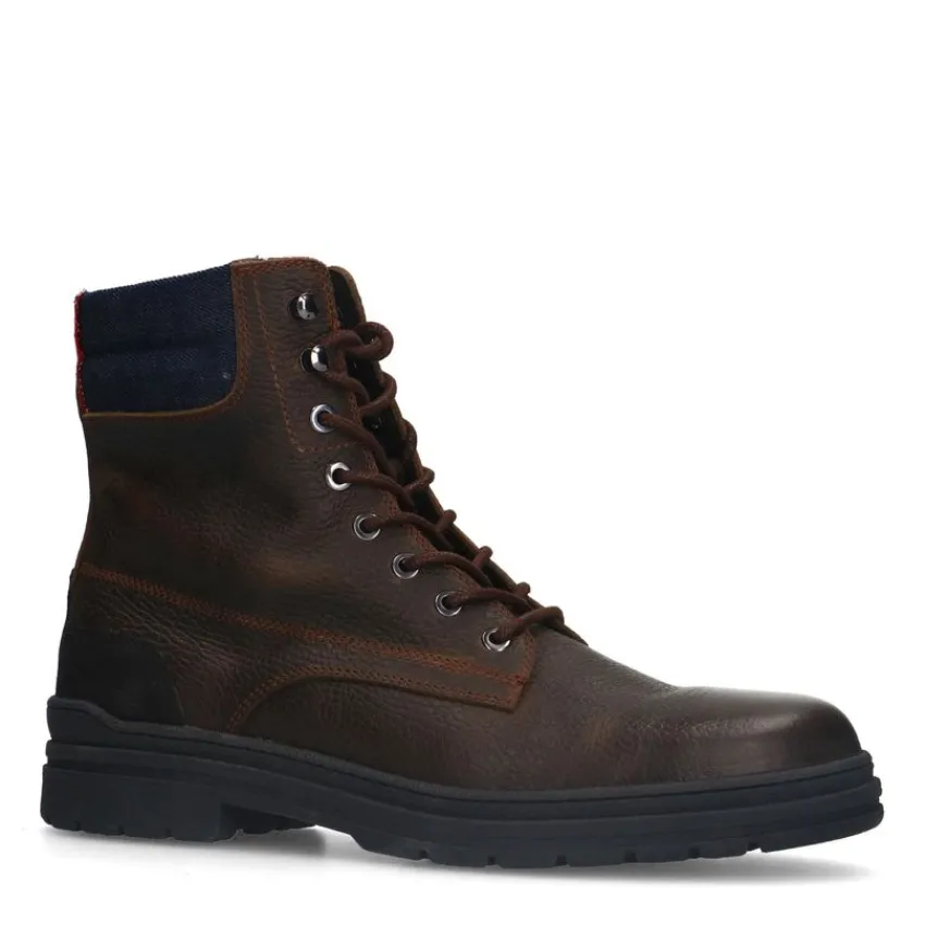 Manfield Donkerbruine leren veterboots^Heren Boots