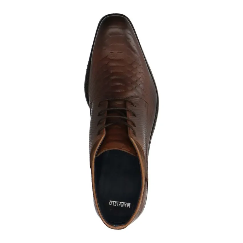 Manfield Donkerbruine leren veterschoenen met structuur^Heren Veterschoenen