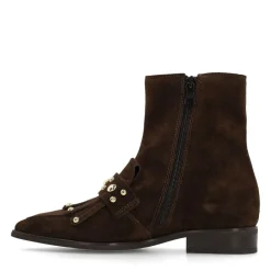 Manfield Donkerbruine suède enkellaarsjes met studs^DAMES Enkellaarsjes