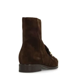 Manfield Donkerbruine suède enkellaarsjes met studs^DAMES Enkellaarsjes