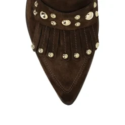 Manfield Donkerbruine suède enkellaarsjes met studs^DAMES Enkellaarsjes