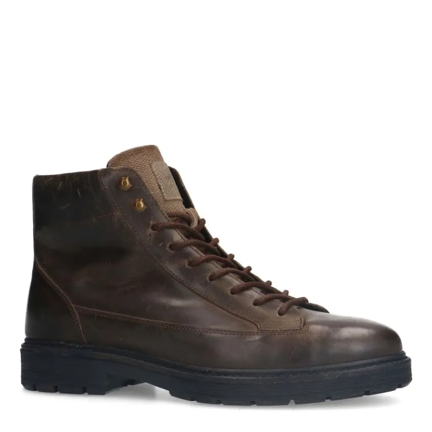 Manfield Donkergrijze leren veterboots^Heren Boots