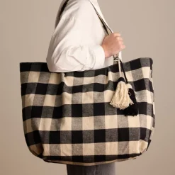 Manfield Geblokte beige shopper^ Shoppers