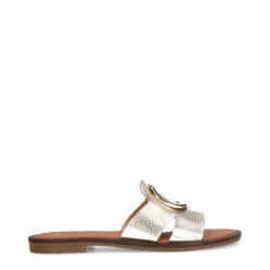Manfield Gouden leren slippers met chain^DAMES Slippers