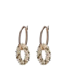 Manfield Goudkleurige oorbellen met beige glaskralen hangers^ Sieraden