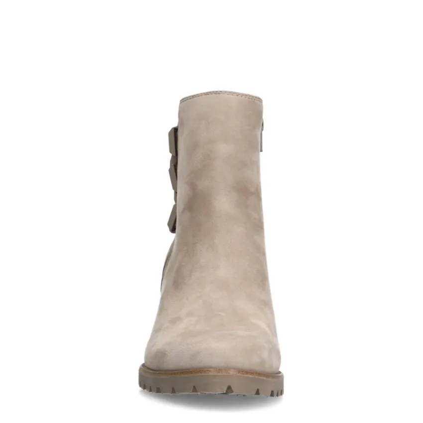 No Stress Grijze suède enkellaarsjes met hak en chain^DAMES Enkellaarsjes