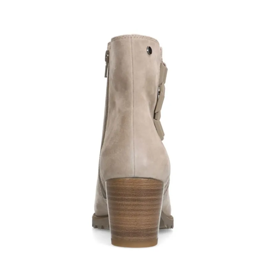 No Stress Grijze suède enkellaarsjes met hak en chain^DAMES Enkellaarsjes