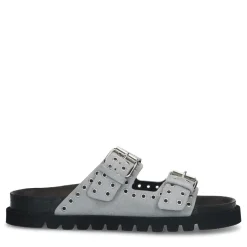 Manfield Grijze suède slippers met studs^DAMES Slippers