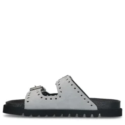 Manfield Grijze suède slippers met studs^DAMES Slippers