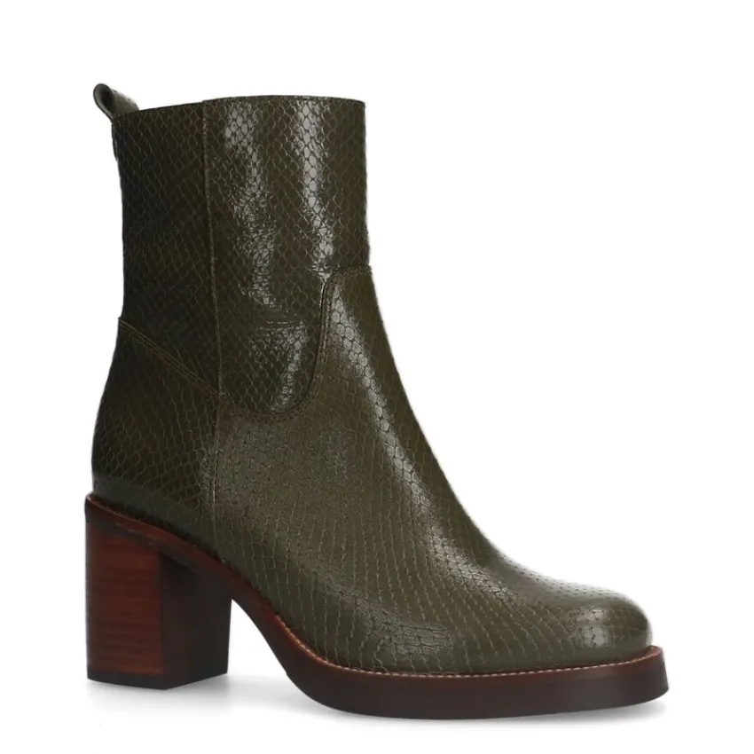 Manfield Groene leren enkellaarsjes met crocoprint^DAMES Enkellaarsjes