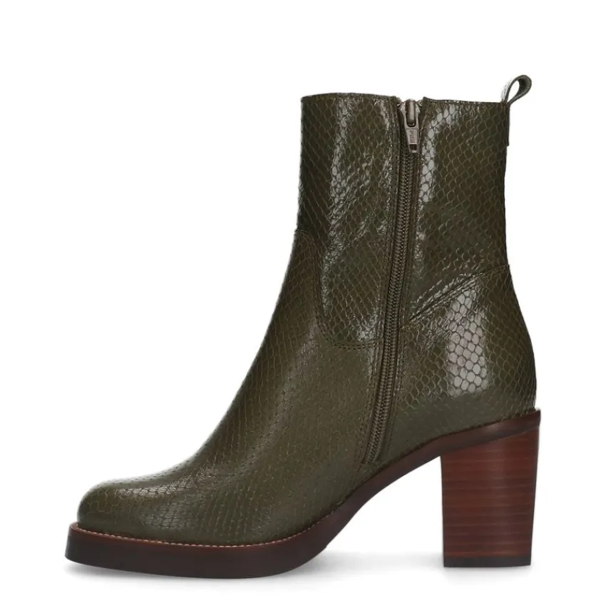 Manfield Groene leren enkellaarsjes met crocoprint^DAMES Enkellaarsjes