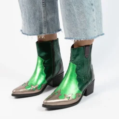 Manfield Groene metallic leren cowboy laarzen^DAMES Enkellaarsjes