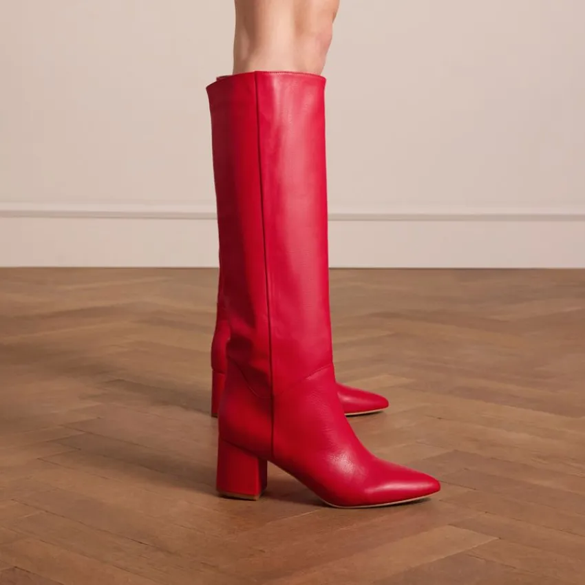 Manfield Rode hoge leren laarzen met hak^DAMES Laarzen