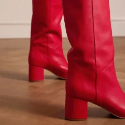 Manfield Rode hoge leren laarzen met hak^DAMES Laarzen