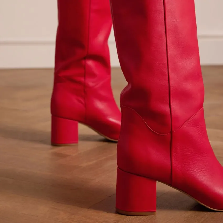 Manfield Rode hoge leren laarzen met hak^DAMES Laarzen