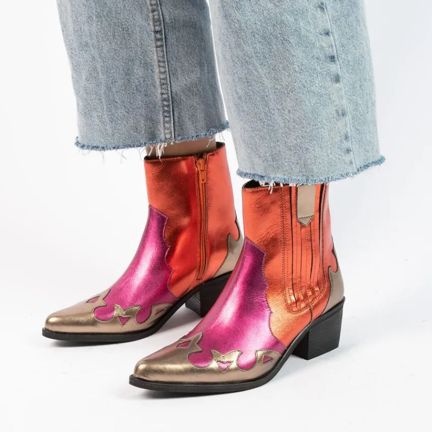 Manfield Rode metallic leren cowboy laarzen^DAMES Enkellaarsjes