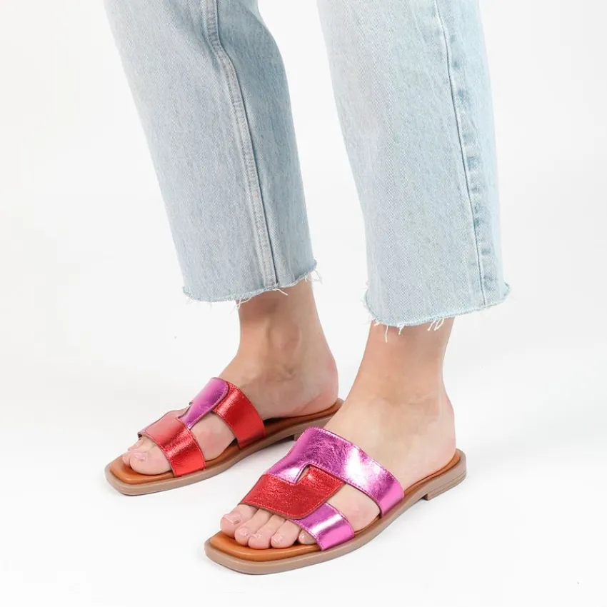 Manfield Roze metallic leren slippers^DAMES Slippers