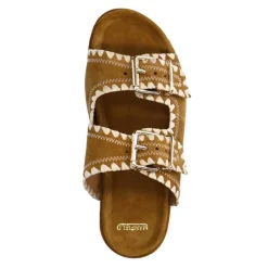 Manfield Suède cognac slippers met gesp^DAMES Sandalen