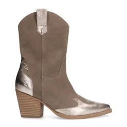 Manfield Taupe cowboylaarzen met goudkleurige metallic details^DAMES Enkellaarsjes