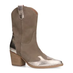 Manfield Taupe cowboylaarzen met goudkleurige metallic details^DAMES Enkellaarsjes