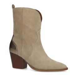 Manfield Taupe suède cowboy laarzen met metallic details^DAMES Enkellaarsjes