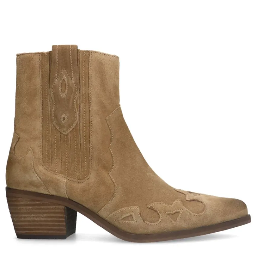 Manfield Taupe suède cowboy laarzen^DAMES Enkellaarsjes