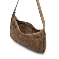 Manfield Taupe suède gevlochten schoudertas^ Schoudertassen