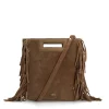 Manfield Taupe suède handtas met franjes^ Handtassen