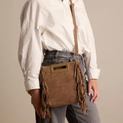 Manfield Taupe suède handtas met franjes^ Handtassen