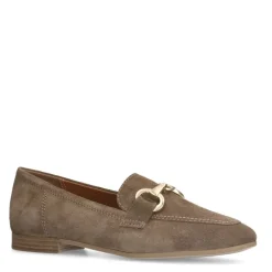No Stress Taupe suède loafers met goudkleurig detail^DAMES Loafers