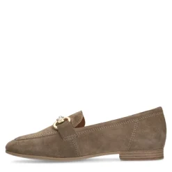 No Stress Taupe suède loafers met goudkleurig detail^DAMES Loafers